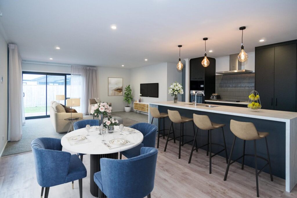 Open plan living in a new build with spray finished interior walls painted in Resene Black White by the quality painters at Swish Decorating